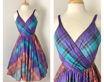 1970s Disco does 1950s galaxy-dye plaid party dress w/ glitter adorning by Lilli Diamond - Sz XS