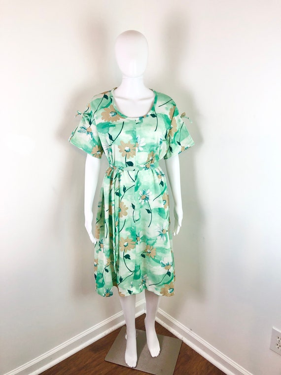 Vintage 1970s Mint Green Floral Dress w/ Sash - S… - image 2