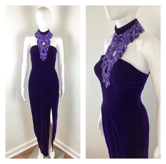 Vintage 1990s Purple Velvet Sequin Halter Party D… - image 1