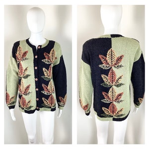 サウスコットンのヴィンテージ バイカラー オータム リーブス カーディガン - サイズ L～XL