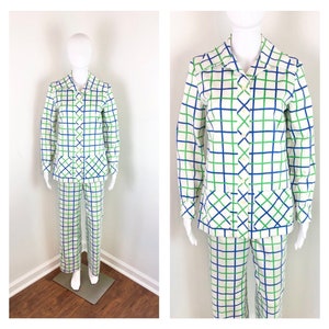 Vintage 1970s White, Blue, and Green Plaid Bell Botton Pant Suit by Young Traditions- Sz XS to Small