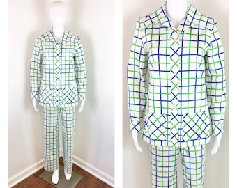 vintage des années 1970 Blanc, Bleu et Vert Plaid Bell Botton Pant Suit par Young Traditions- Sz XS to Small