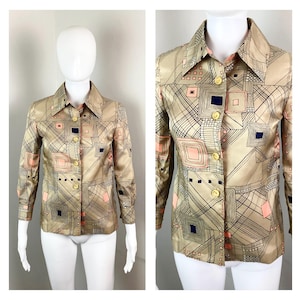 Vintage 1960s Geometric Mod Polyester Button Up Blouse - Sz XS to Small