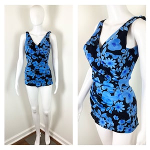 Vintage 1950s Black and Blue Floral Bombshell One-Piece Bathing suit by Perfection Fit by Roxanne - Sz Small to Medium