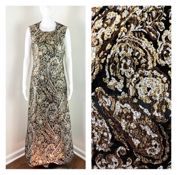 Vintage 1960s Metallic Brocade Animal Print Hoste… - image 1