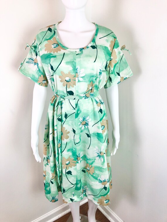 Vintage 1970s Mint Green Floral Dress w/ Sash - S… - image 3