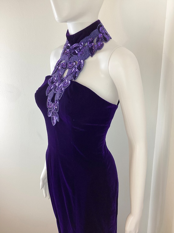 Vintage 1990s Purple Velvet Sequin Halter Party D… - image 4