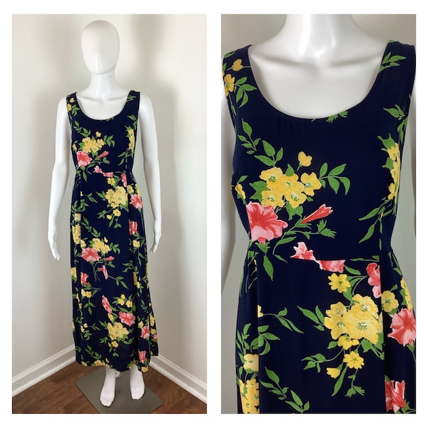 Vintage 1990s Navy Blue Floral Rayon Midi Dress - Sz Large to XL