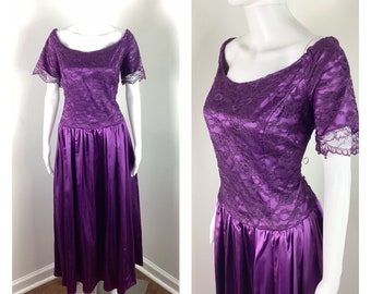 Vintage 1980s Deep Purple Lace Party Dress - Custom Made - Sz XL Curvy