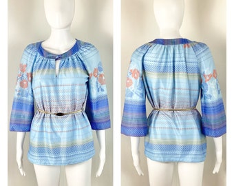Vintage 1970s Folk Print Bell Sleeve Blue Polyester Blouse - Sz Medium to Large