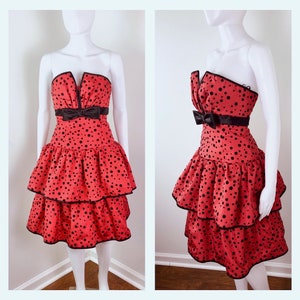 XS - Vintage 1980s Red and Black Polka Dot Party Dress by A.J.