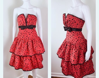 BADBLOOD ♥ Vintage Club Polo Mini Dress /追跡付 XS - Vintage 1980s Red and Black Polka Dot Party Dress by