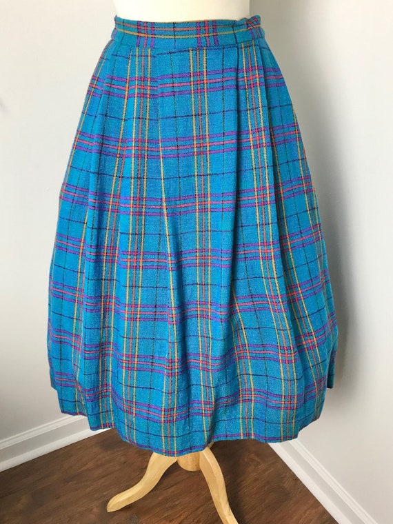 1980s Pleated Peacock Blue Plaid Skirt - image 3