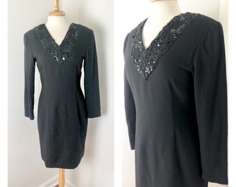 Vintage 80s Little Black Wool Dress w/ Beaded Neckline by KIRA