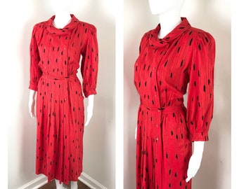 Vintage 1980s does 1940s Red and Black Abstract Print Faux Wrap Midi Dress by Norah Noh West - Sz Sz Small