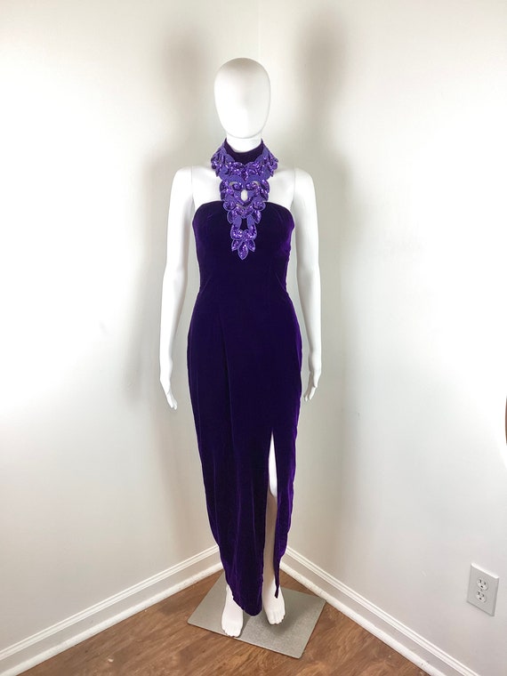 Vintage 1990s Purple Velvet Sequin Halter Party D… - image 2