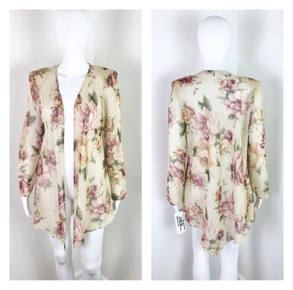 Deadstock Vintage 1990s Sheer Cardigan w/ Rose Pr… - image 1