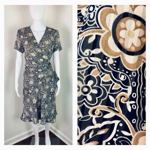 Vintage 1990s Faux Wrap Brown Floral & Lamé Dress by Sheri Martin New York - Medium