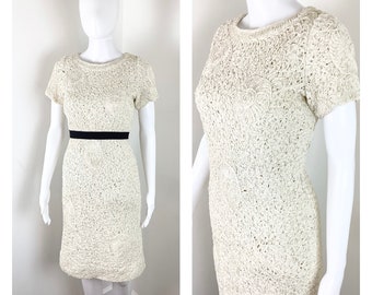 Vintage Cream 1940s Hand Loomed Ribbon Knit Crochet Sheath Dress Sz  Medium to Large