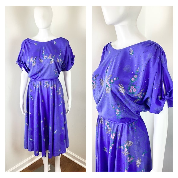 Vintage 1970s Purple Floral Folk Print Fit and Flare Goddess Dress by Rhonda Roy - Medium to XL