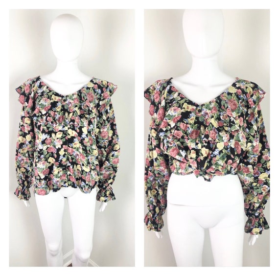 Vintage 90s Floral Peasant Style Poet’s Blouse by… - image 1