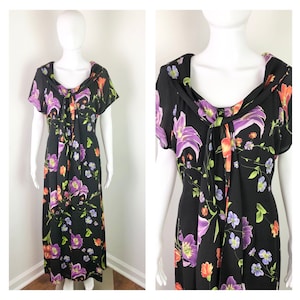 Vintage 1990s Silk Black Floral Necktie Maxi Dress by The Tess Dress - Sz Large to XL