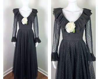 Vintage 1970s Black Swiss Dot Maxi Gown w/ Layered Ruffles by Betty Bone - XS to Small - Goth; Wedding; Bridal; Romantic