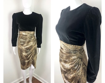 Super Sexy Vintage 1980s Black Velvet and Tiger Print Body Con Dress by Expo Night - Sz Small