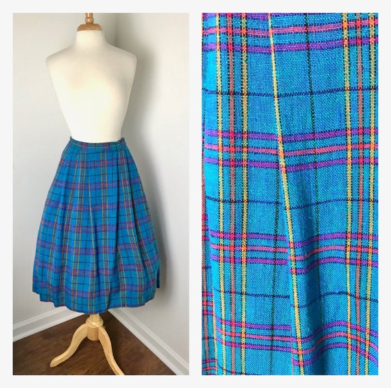 1980s Pleated Peacock Blue Plaid Skirt - image 1