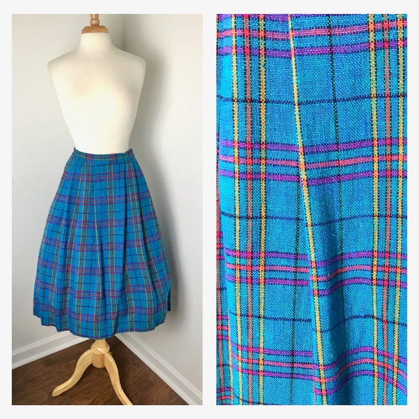 1980s Pleated Peacock Blue Plaid Skirt