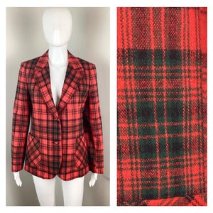 Vintage 1960s Red, Green, Black Tartan Plaid Wool Academic Blazer by Prestige of Boston - Medium to Large
