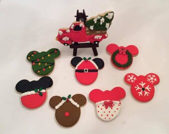 1 dozen Christmas Mixed Holiday cookies Disney Inspired , favors, Minnie , Mickey, Party Favors, children party favor cookies, kids party