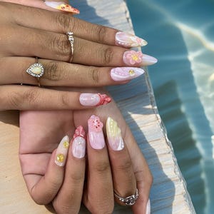 Pastel Nails with 3D Floral Design – Kawaii Press-On Almond Nails, Pink and Yellow Floral Nail Art, Handmade Reusable | BUY 1 GET 1 FREE!