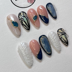 Short Almond Nails | Blue Pink Shell Press On Nails | Reusable Handmade Gel Nail with Teal Glitter & Modern Accent Design | BUY 1 GET 1 FREE