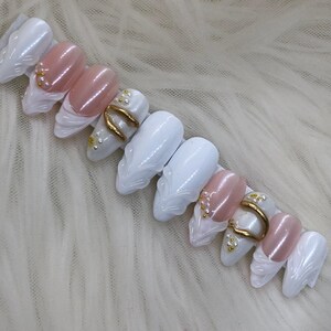 White & Pink French Tip Nails with Gold Accents | Elegant Almond 3D Gel Nails | Custom Handmade Nail Set | BUY 1 GET 1 FREE!