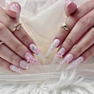 Pink 3D Sakura Flower Stiletto Nails | Y2K Gyaru Press On Nails | Lace Glitter Long Nails | Kpop Anime Reusable Nails | BUY 1 GET 1 FREE!