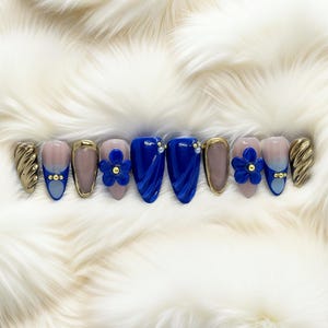 Blue Press On Nails – Gold Chrome French Tips | 3D Flowers, Handmade Almond Set | BUY 1 GET 1 FREE!