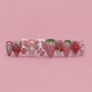 Pink Fruit Kawaii Nails | Strawberry & Cherry Press-On Set | Summer Almond Gel Nails | Cute Y2K Nail Design | BUY 1 GET 1 FREE!