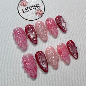 Short Almond Pink Jelly Nails with 3D Flowers & Droplets | Kawaii Y2K Press On Nails | Cute Reusable Handmade Nail Set | BUY 1 GET 1 FREE!