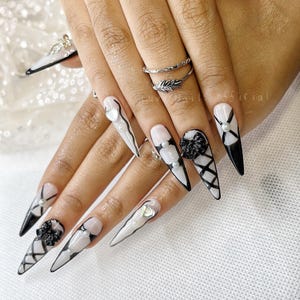 Gothic Press On Nails | Black & White Stiletto Nails with Pearls and 3D Bows | Custom Handmade Nail Set | BUY 1 GET 1 FREE!
