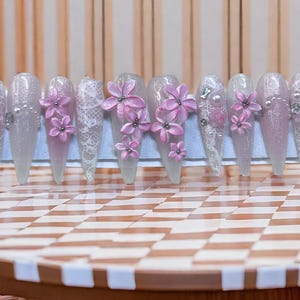 Pink 3D Sakura Flower Stiletto Nails | Y2K Gyaru Press On Nails | Lace Glitter Long Nails | Kpop Anime Reusable Nails | BUY 1 GET 1 FREE!