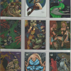 May include: Nine trading cards featuring comic book art. The cards depict various characters in action poses, with vibrant colors and detailed illustrations. The cards are in a plastic sleeve.