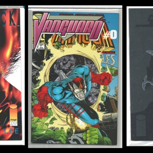 May include: Three comic book covers. The first cover is black and red with the title "HellShock" and the number "1". The second cover is colorful with the title "Vanguard" and the number "0". The third cover is black with the title "Shadowhawk II" and a silhouette of a figure in a black suit.
