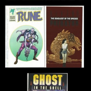 May include: A collection of comic books featuring various characters and storylines. The covers include Ultraforce #1, Gen 13 #1, Rune #1, The Deadliest of the Species #1, and Ghost in the Shell #1.