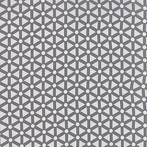 May include: A fabric featuring a repeating geometric pattern of dark gray lines forming interconnected triangles and hexagons against a light gray background. The design consists of straight lines and small hexagonal shapes arranged in a grid.