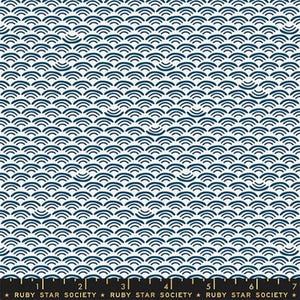 May include: A fabric with a repeating pattern of navy blue wave-like shapes on a white background. The bottom of the fabric has a black ruler with the text "RUBY STAR SOCIETY".