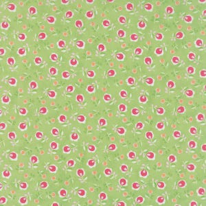 May include: A fabric with a repeating floral pattern. The design features small, stylized flowers in shades of pink and white, set against a light green background. Tiny orange dots and small green leaves complete the pattern.