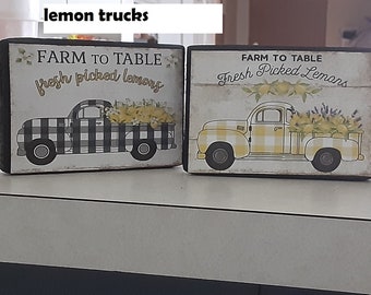 2PC Buffalo plaid check farm trucks lemons Set Free Standing Wood Signs handmade spring summer tiered tray
