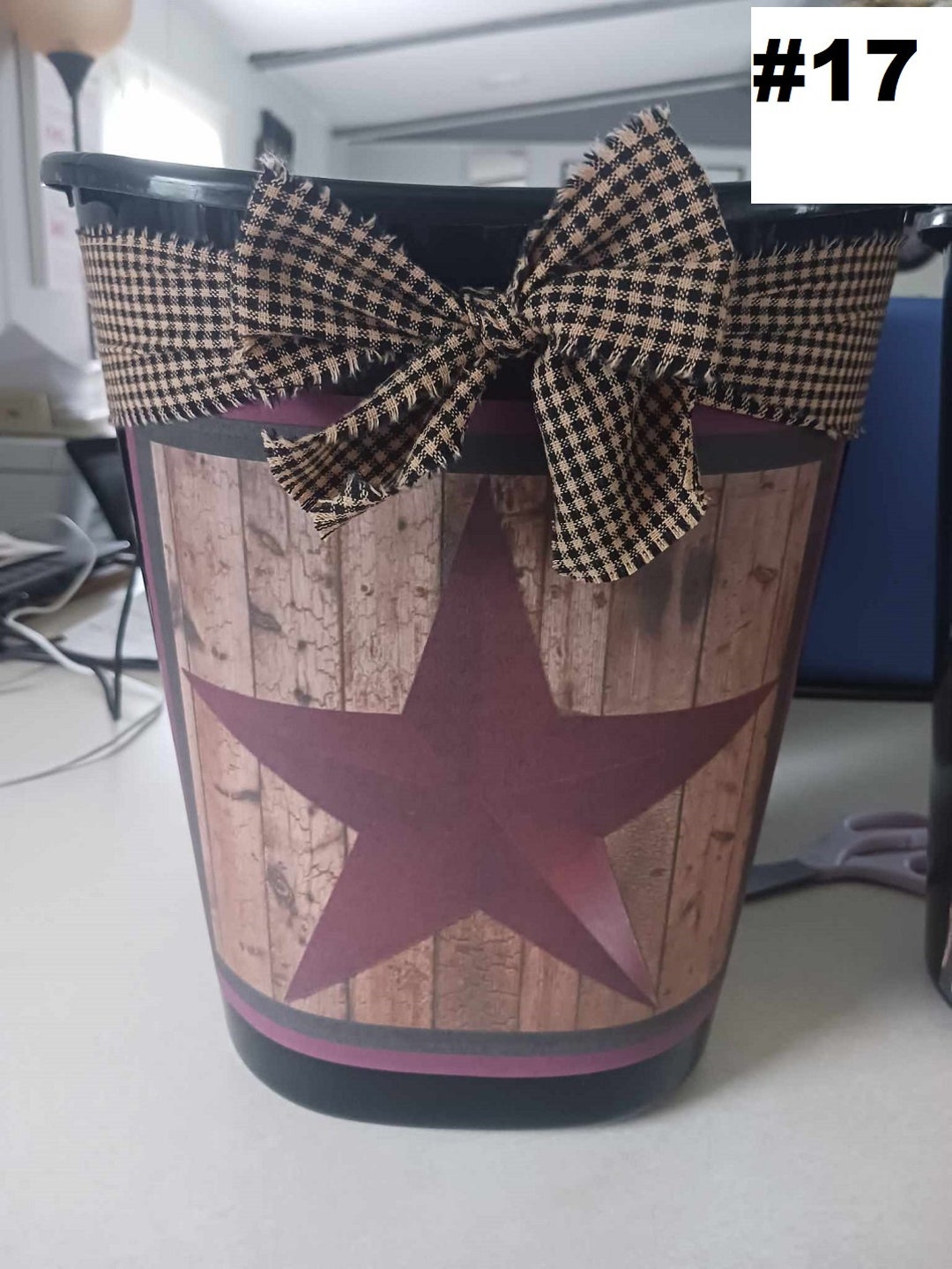 Country Burgundy Star Farm Barn Decorative Trash Can 11 Inches for