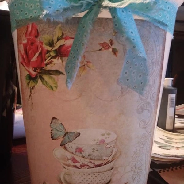 shabby butterfly roses french paris teacups bathroom print Beautiful Decorative Trash Can! trashcan waste basket recycle bingarbage